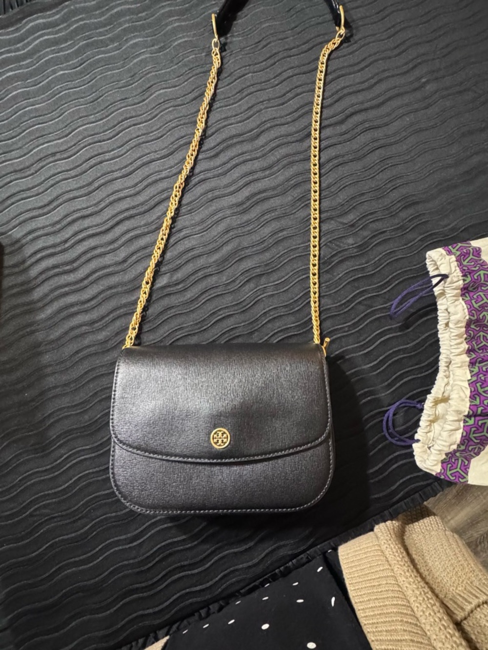 Tory Burch Black Leather Crossbody with Gold Chain and Logo